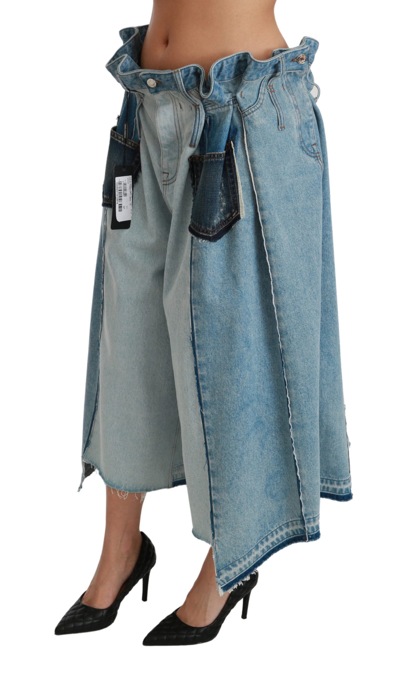 Blaue asymmetrische Jeans mit weitem Bein aus Denim-Baumwolle