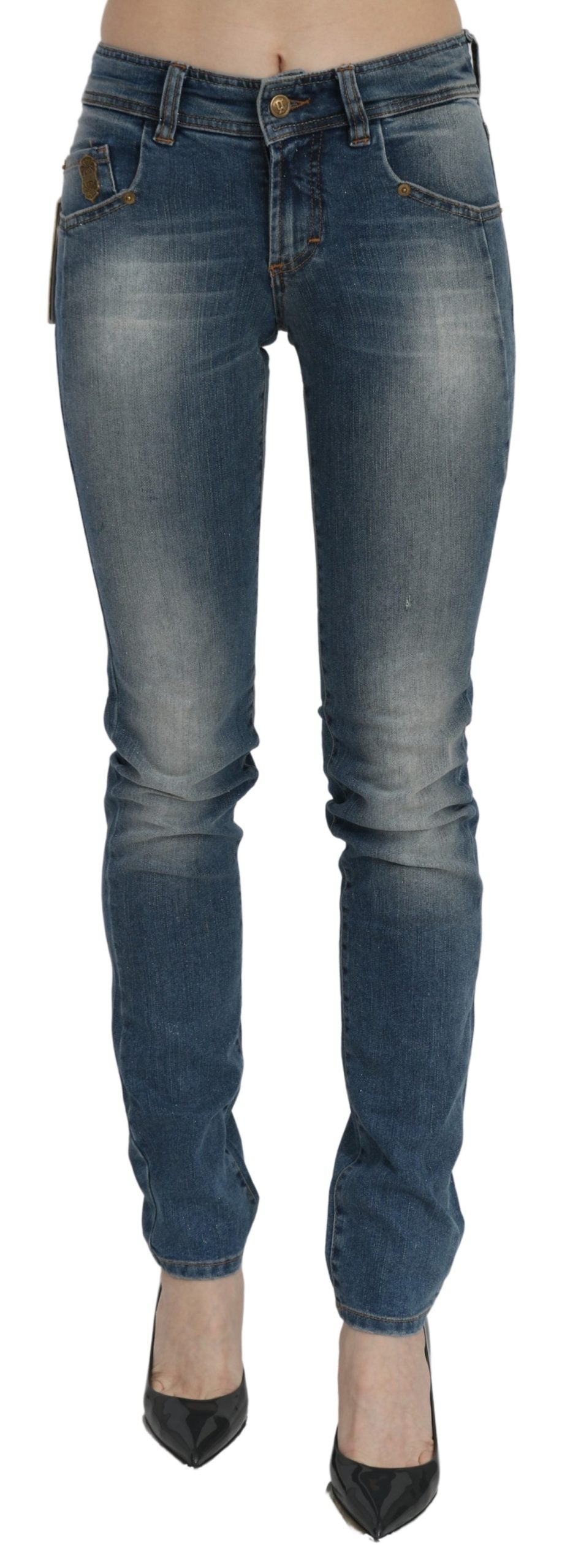 Blaue gewaschene Jeans mit mittlerer Taille und schmaler Passform aus Baumwolle