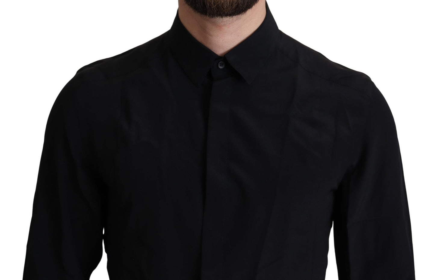 Schwarzes einfarbiges Hemd mit langen Ärmeln aus Seide für den formellen Anlass