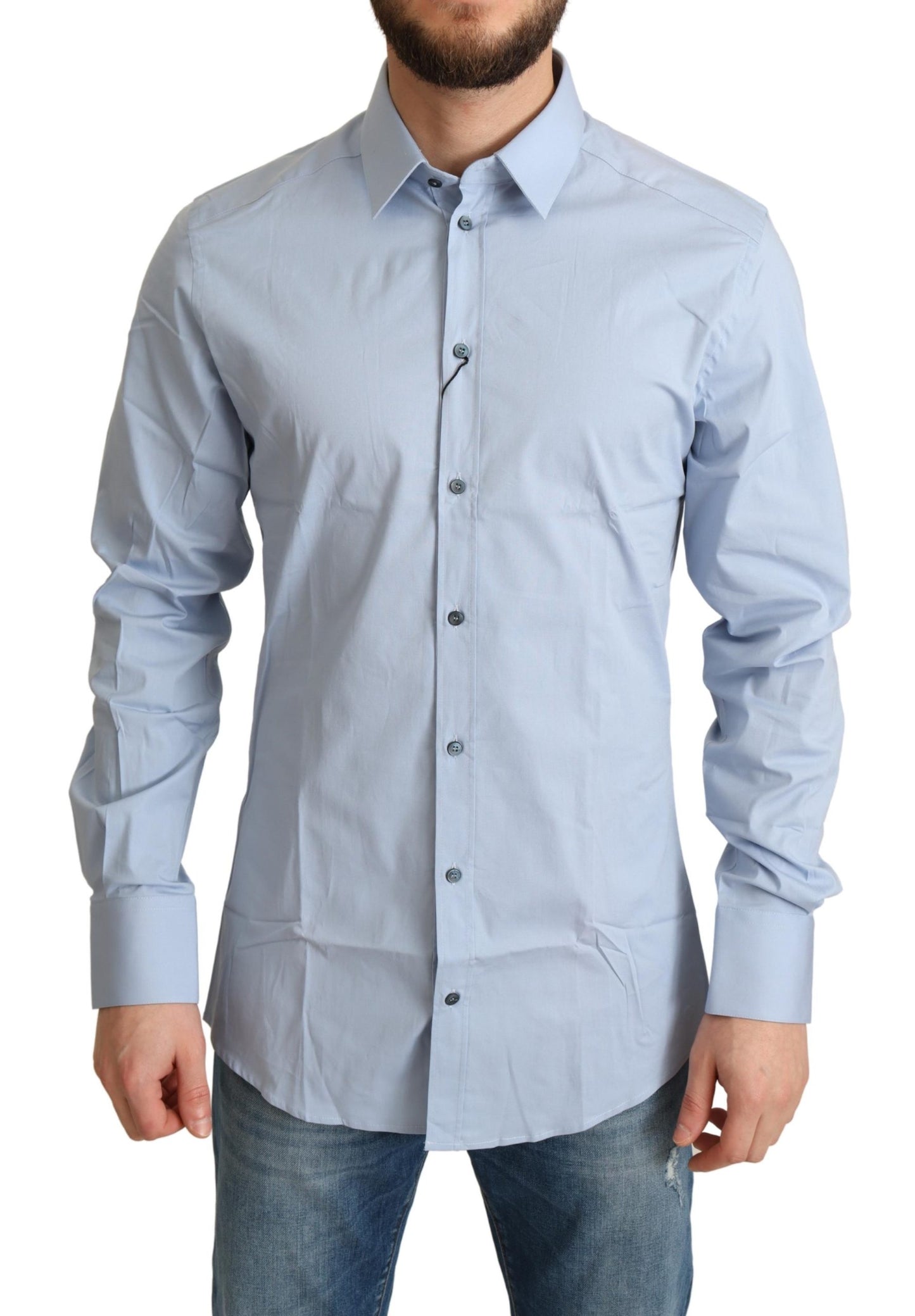 Blaues Baumwoll-Stretchhemd mit langen Ärmeln