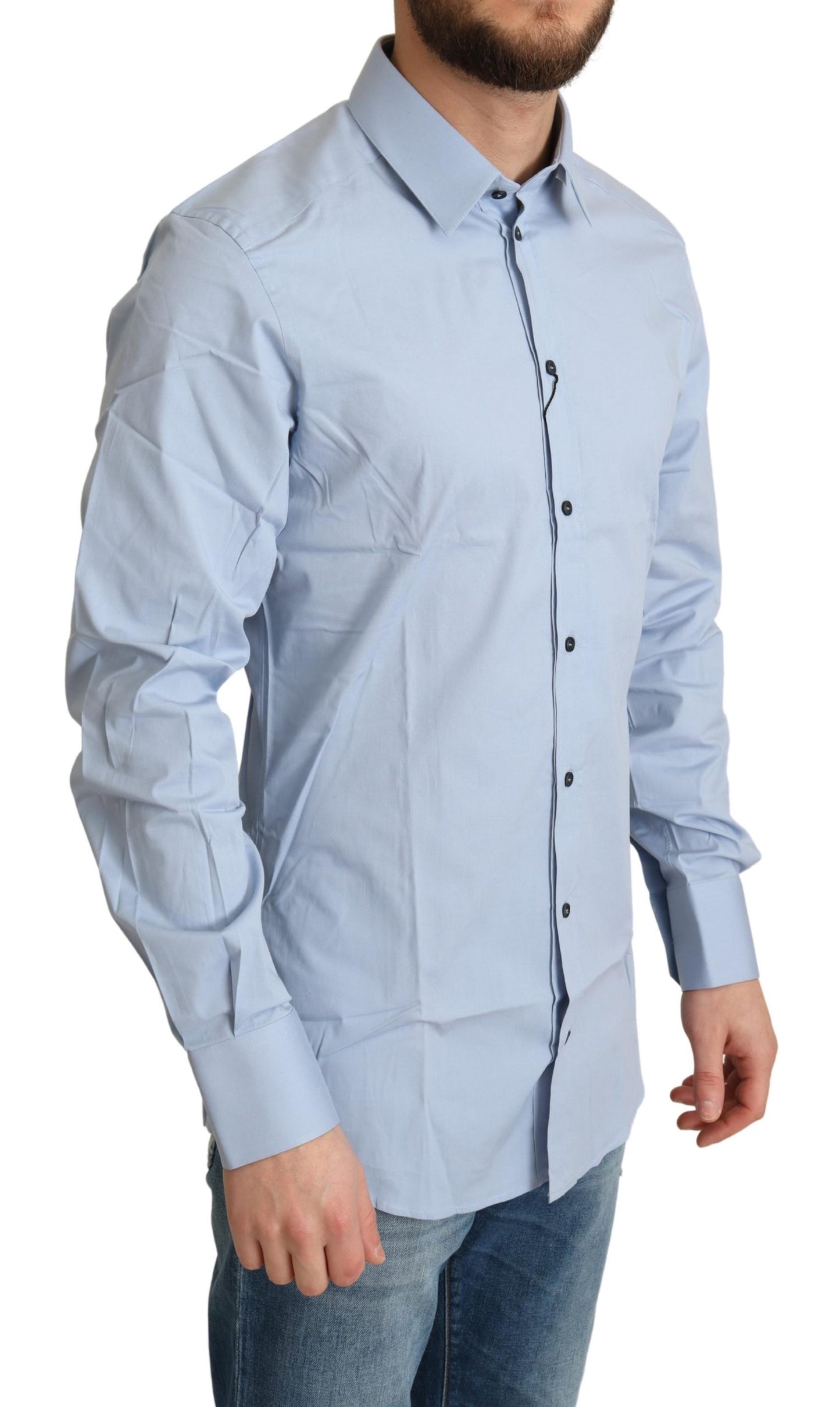 Blaues Baumwoll-Stretchhemd mit langen Ärmeln