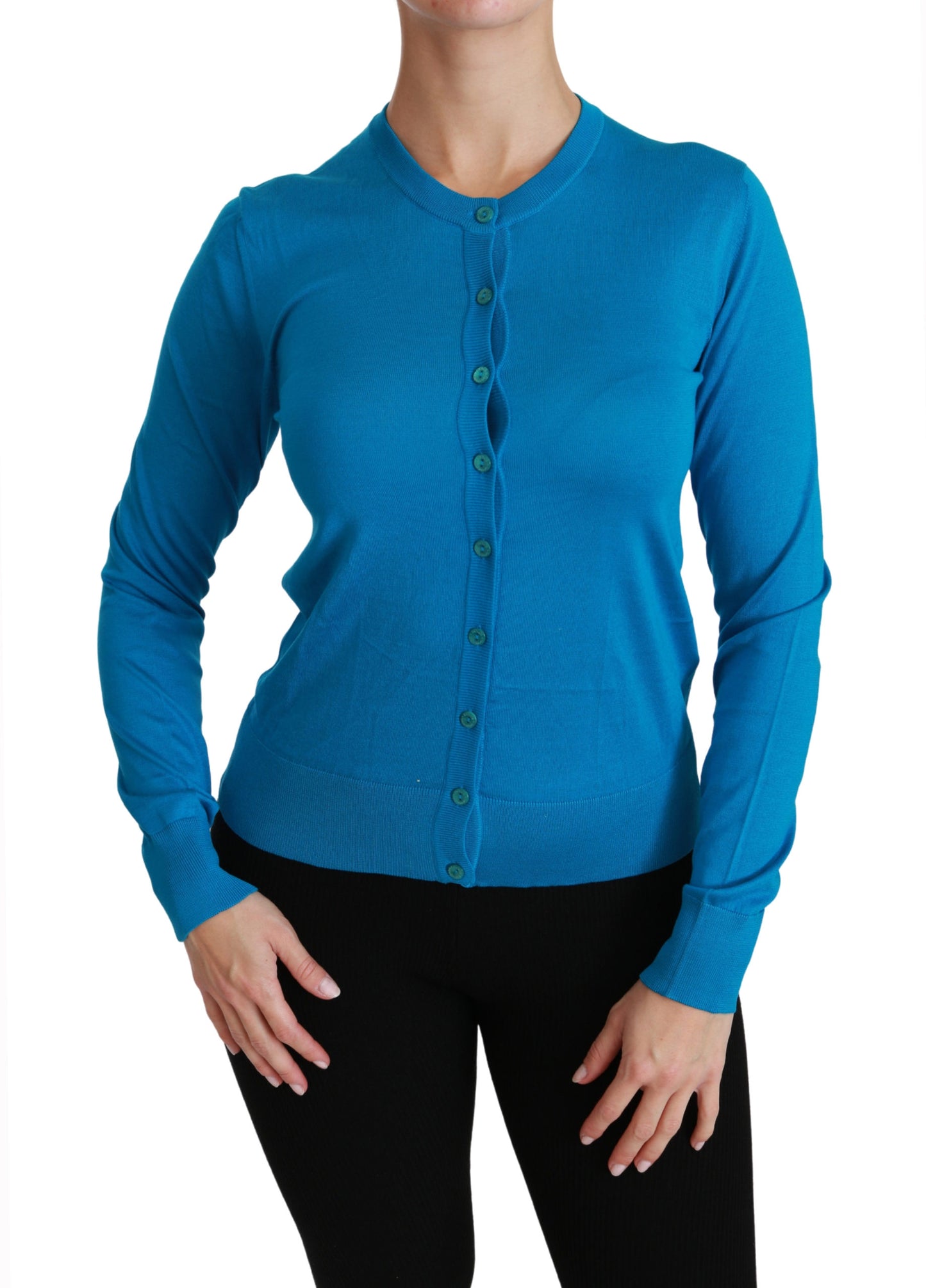 Blaue Strickjacke mit Rundhalsausschnitt 100% Seide Pullover