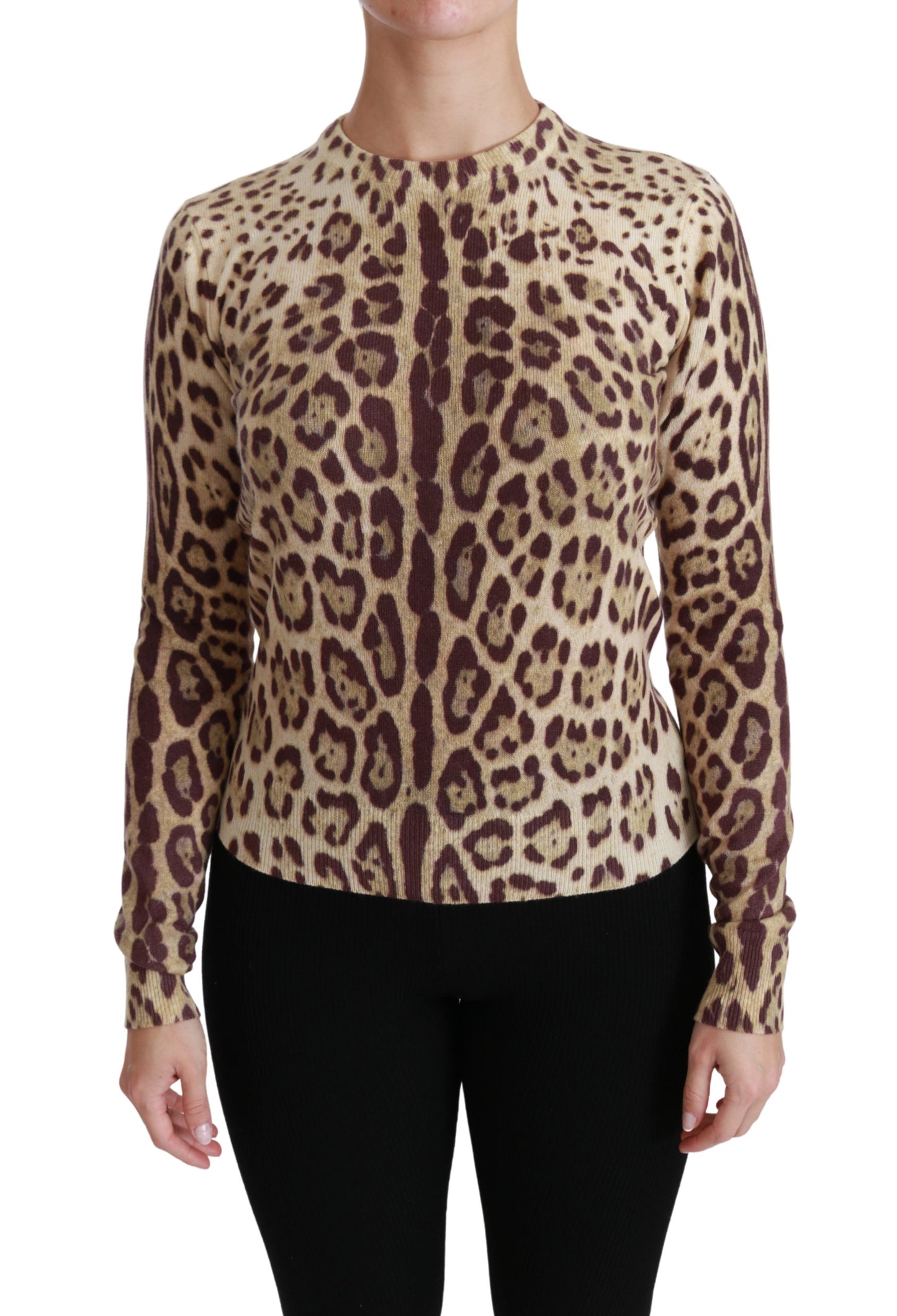 Brauner Leoparden-Langarmpullover Kaschmir-Oberteil