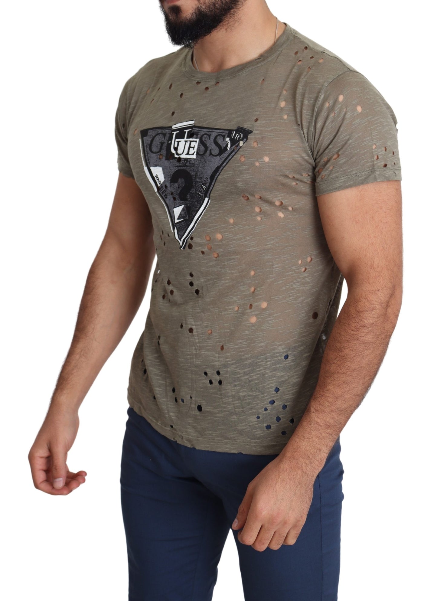 Braunes Baumwoll-Stretch-T-Shirt mit Logodruck für Männer Casual Perforated T-Shirt