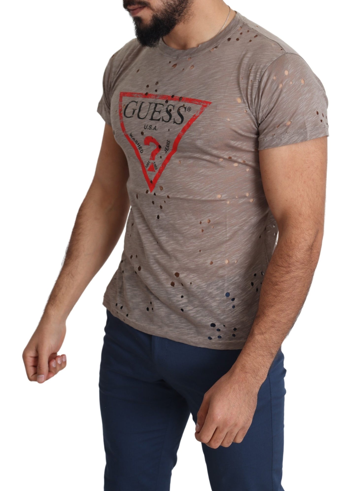 Braunes Baumwoll-Stretch-T-Shirt mit Logodruck für Männer Casual Perforated T-Shirt