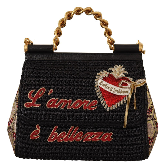 Schwarzer Raffia L'amore e Bellezza Geldbörse Borse SICILY Tasche