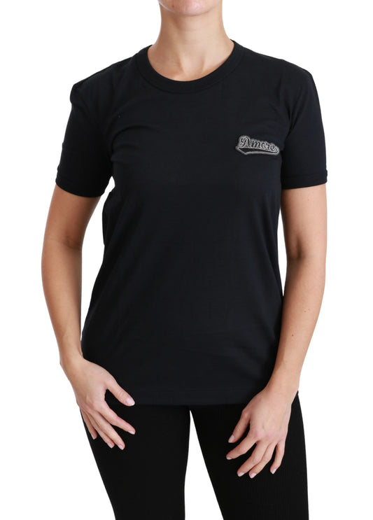 Blaues Amore Patch Baumwoll-T-Shirt mit Rundhalsausschnitt