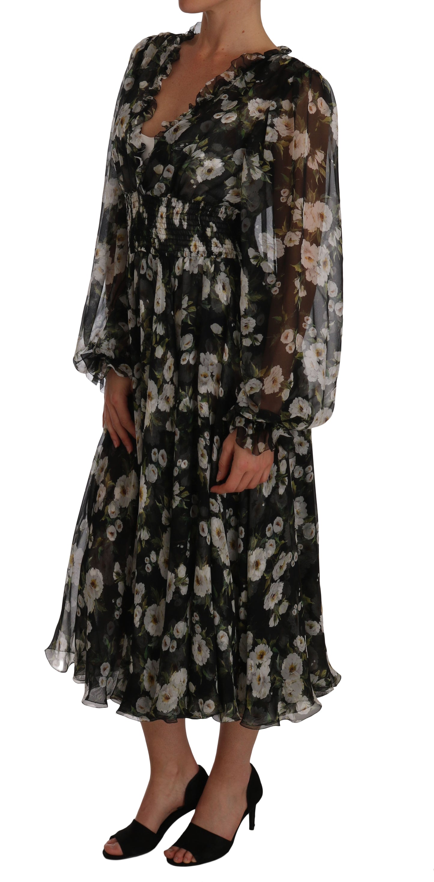 Schwarzes Daisy Floral Silk Shift Kleid in A-Linie