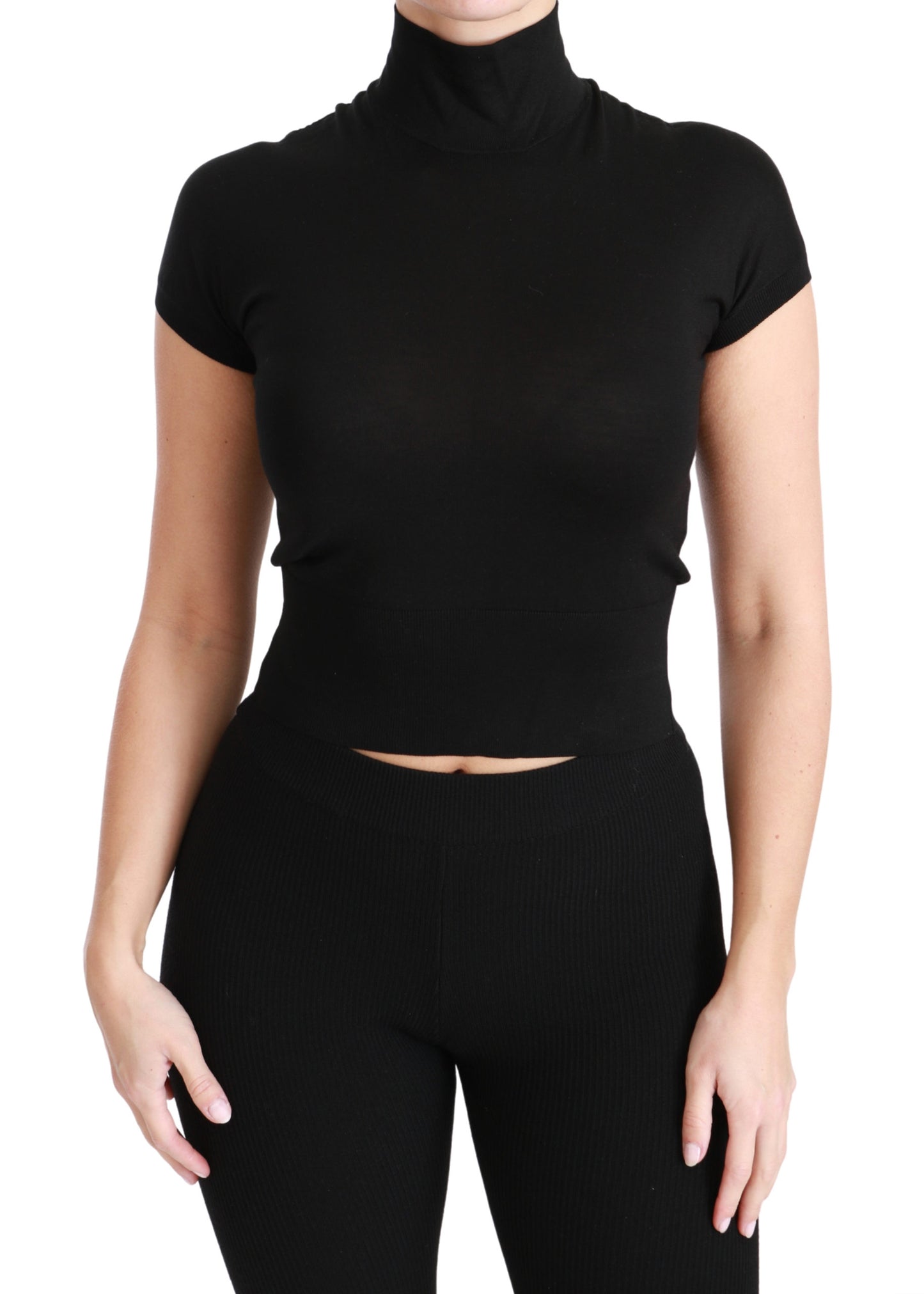 Schwarzes Rollkragen-Top mit Seidenärmeln Bluse