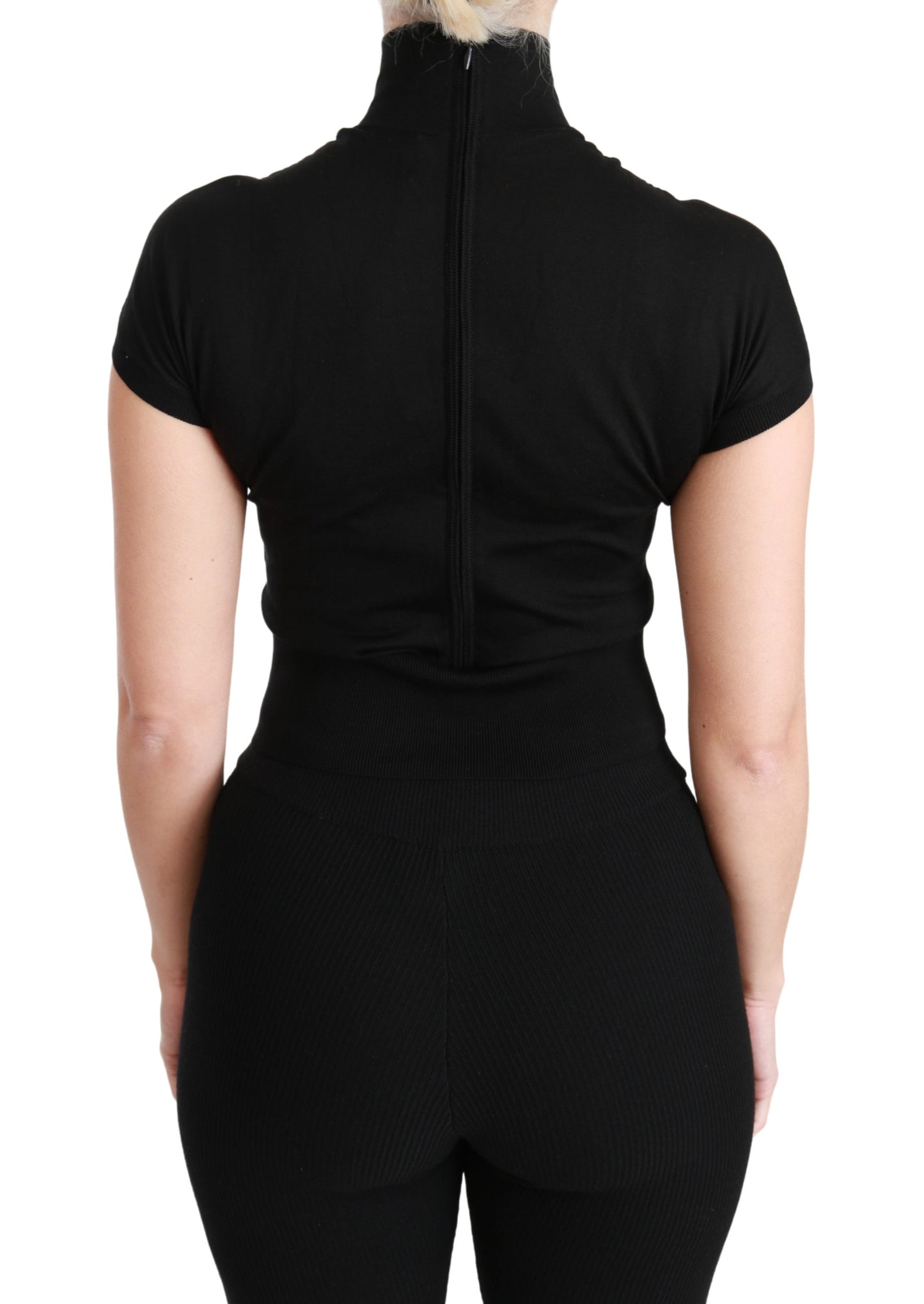 Schwarzes Rollkragen-Top mit Seidenärmeln Bluse