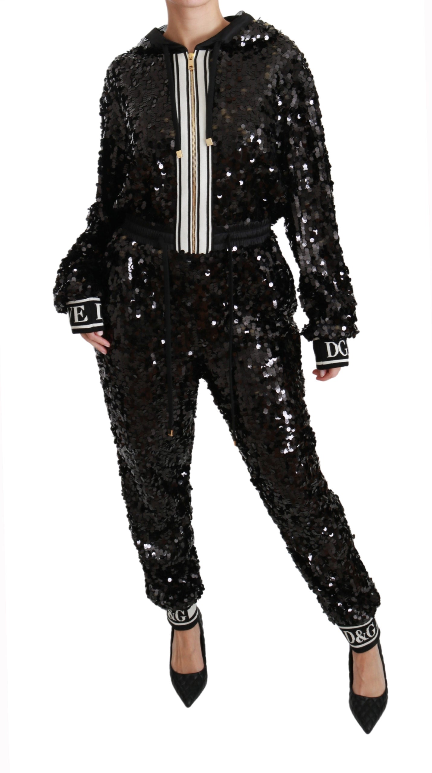 Schwarzes paillettenbesetztes Kapuzenkleid Jumpsuit