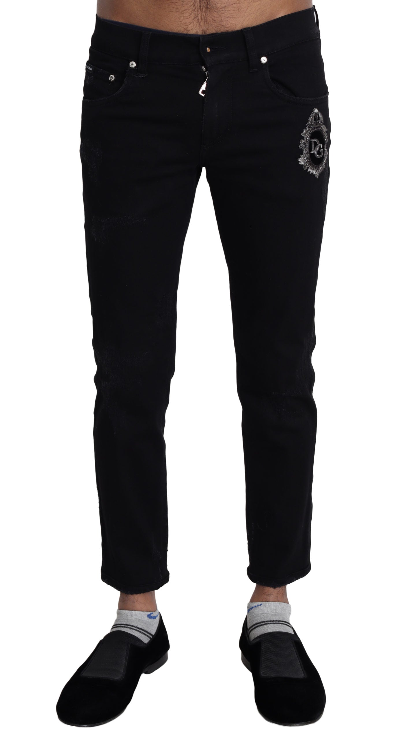 Schwarze Skinny Denim-Jeans mit Heraldik-Stickerei