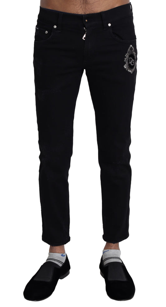 Schwarze Skinny Denim-Jeans mit Heraldik-Stickerei