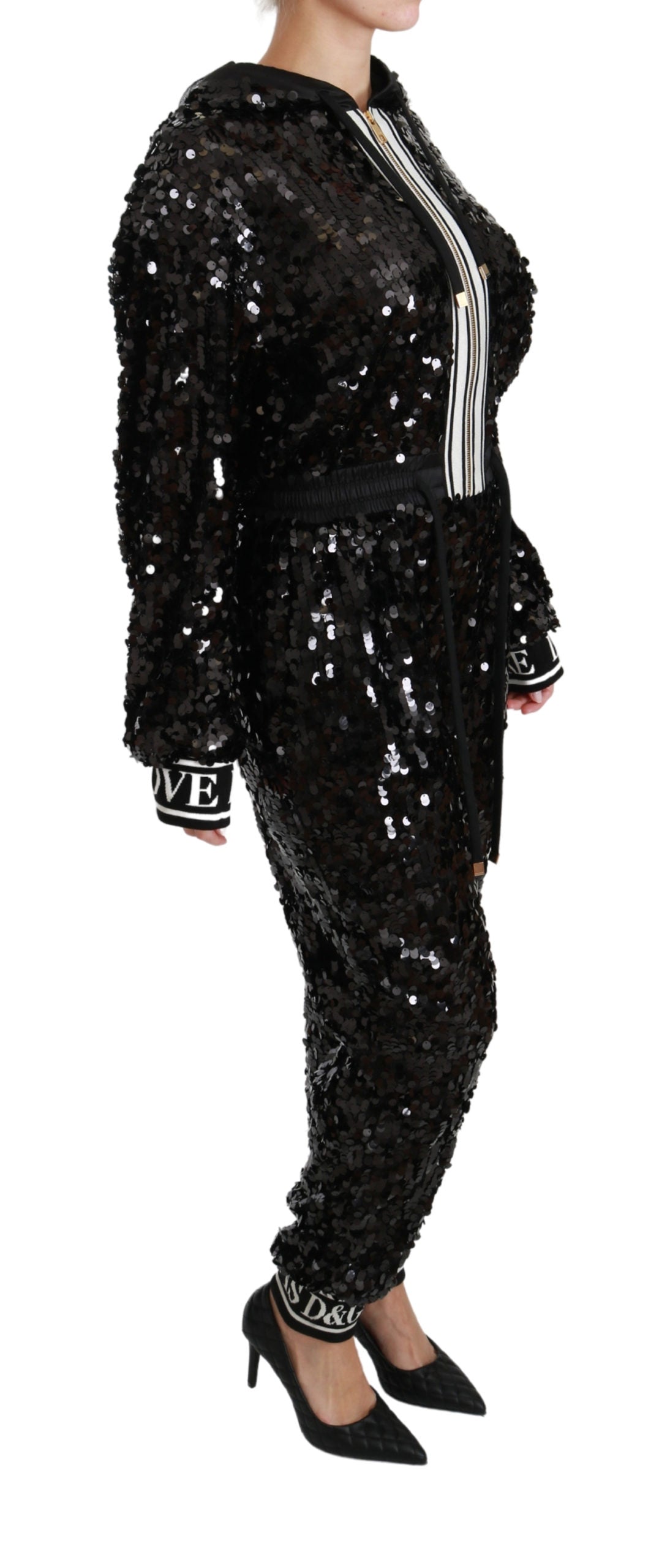 Schwarzes paillettenbesetztes Kapuzenkleid Jumpsuit