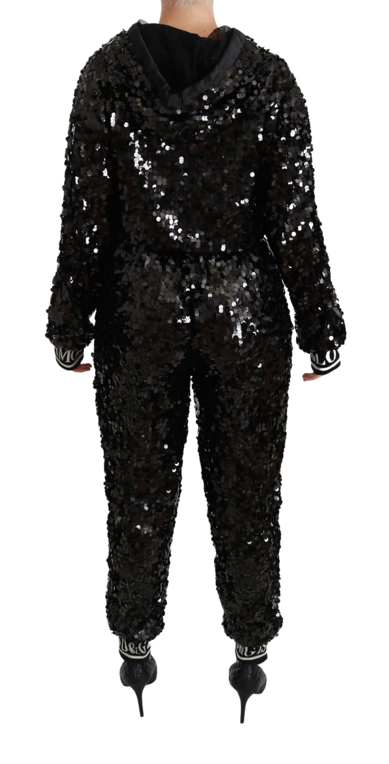 Schwarzes paillettenbesetztes Kapuzenkleid Jumpsuit