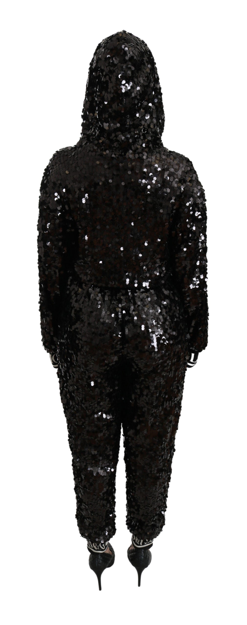 Schwarzes paillettenbesetztes Kapuzenkleid Jumpsuit
