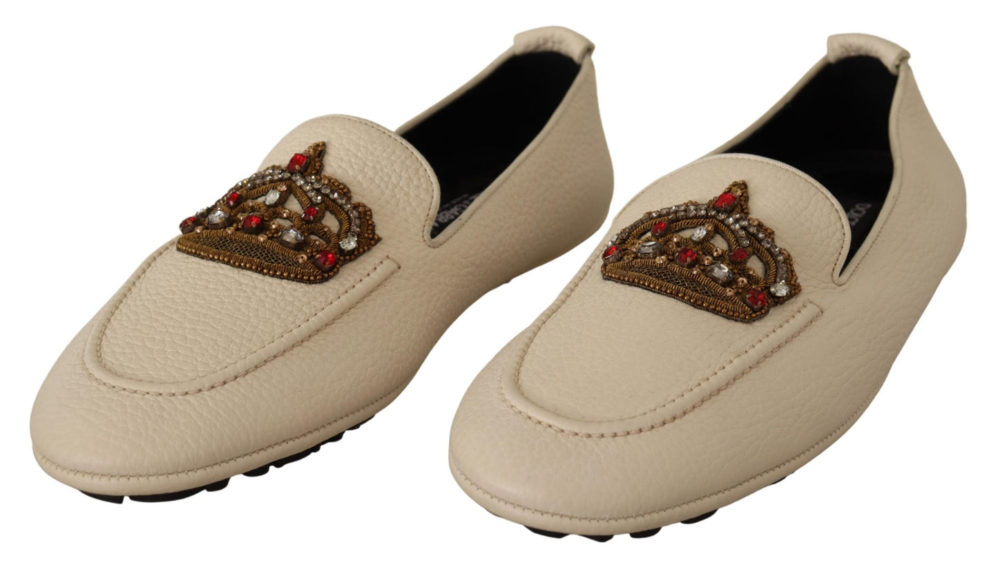 Beige Leder Kristallkrone Kleid Loafers Schuhe