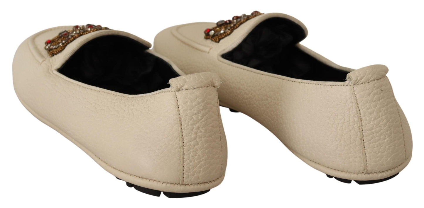 Beige Leder Kristallkrone Kleid Loafers Schuhe
