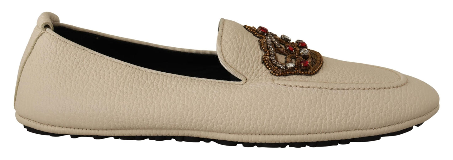 Beige Leder Kristallkrone Kleid Loafers Schuhe