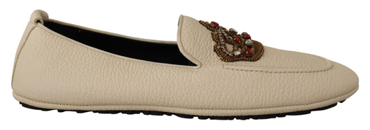 Beige Leder Kristallkrone Kleid Loafers Schuhe