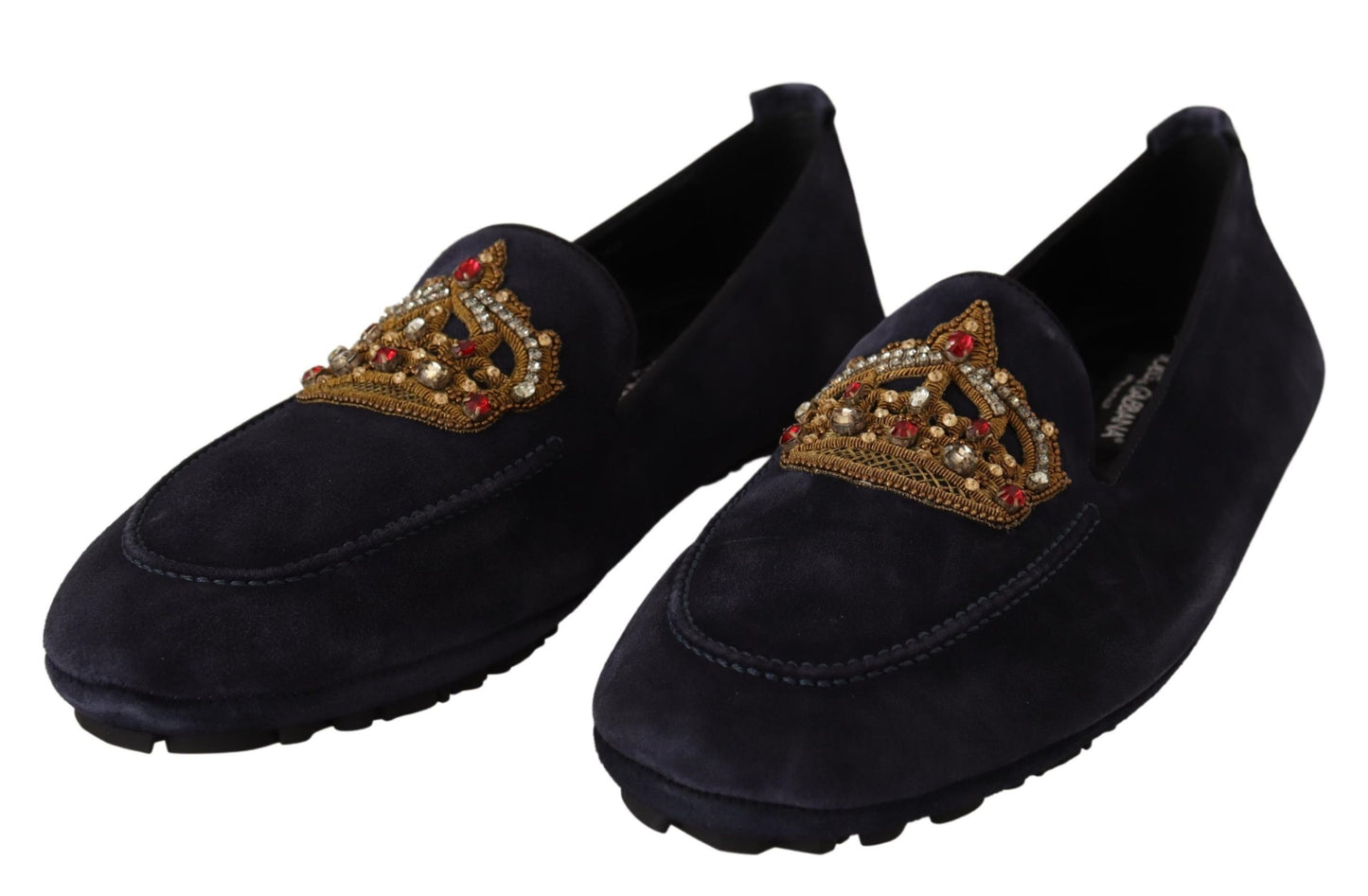 Dunkelblaue Leder-Kristallkronen-Loafer-Schuhe