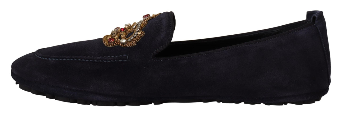 Dunkelblaue Leder-Kristallkronen-Loafer-Schuhe