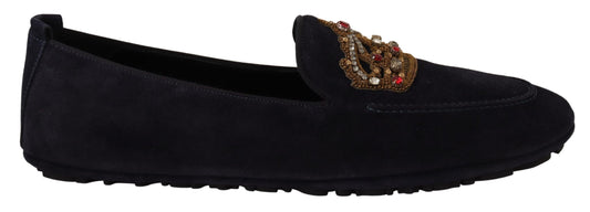Dunkelblaue Leder-Kristallkronen-Loafer-Schuhe