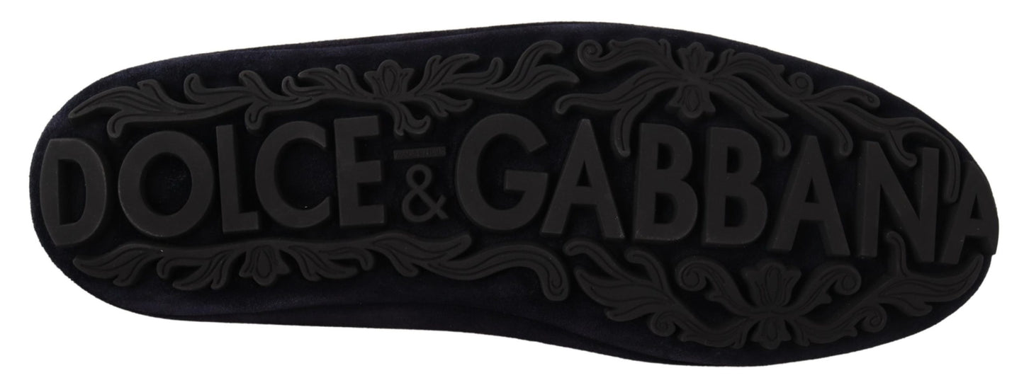 Dunkelblaue Leder-Kristallkronen-Loafer-Schuhe