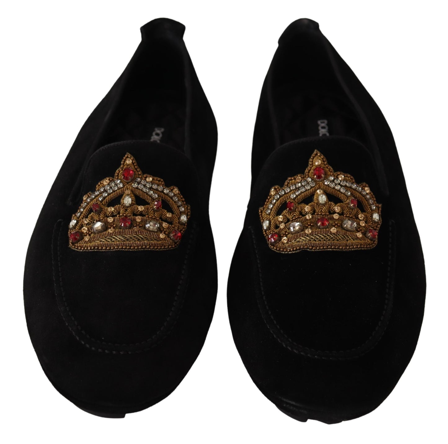 Schwarzes Leder Crystal Gold Crown Loafers Schuhe