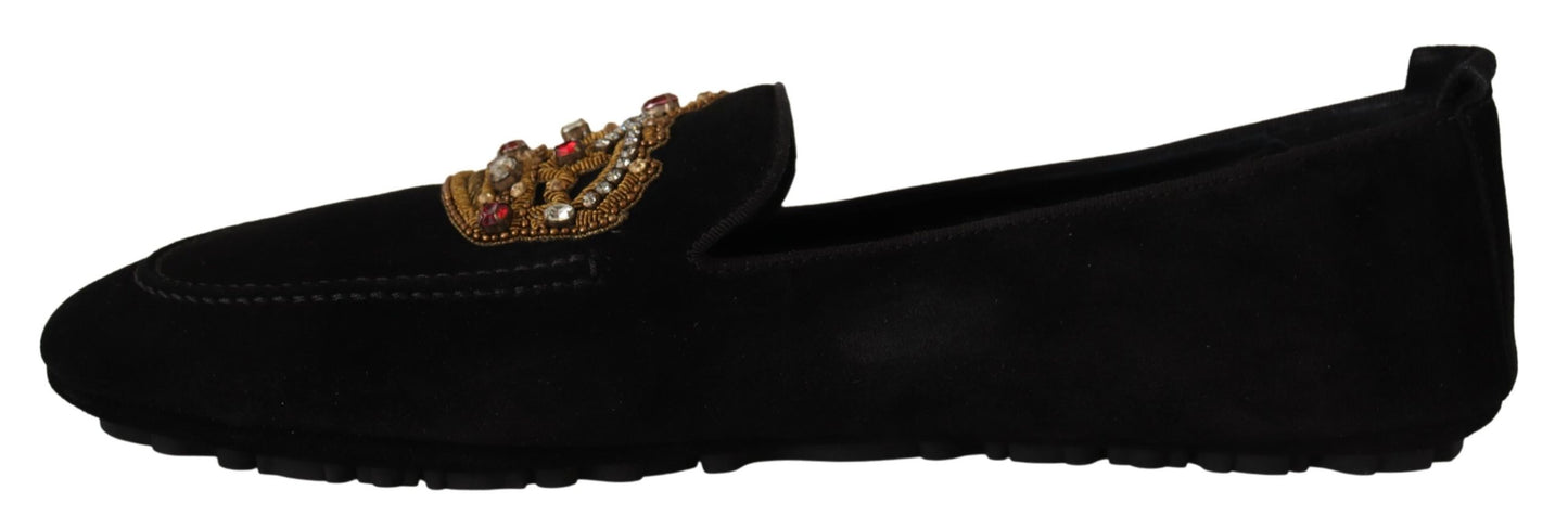 Schwarzes Leder Crystal Gold Crown Loafers Schuhe