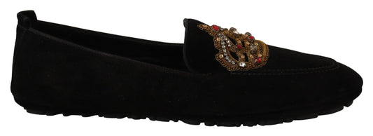 Schwarzes Leder Crystal Gold Crown Loafers Schuhe