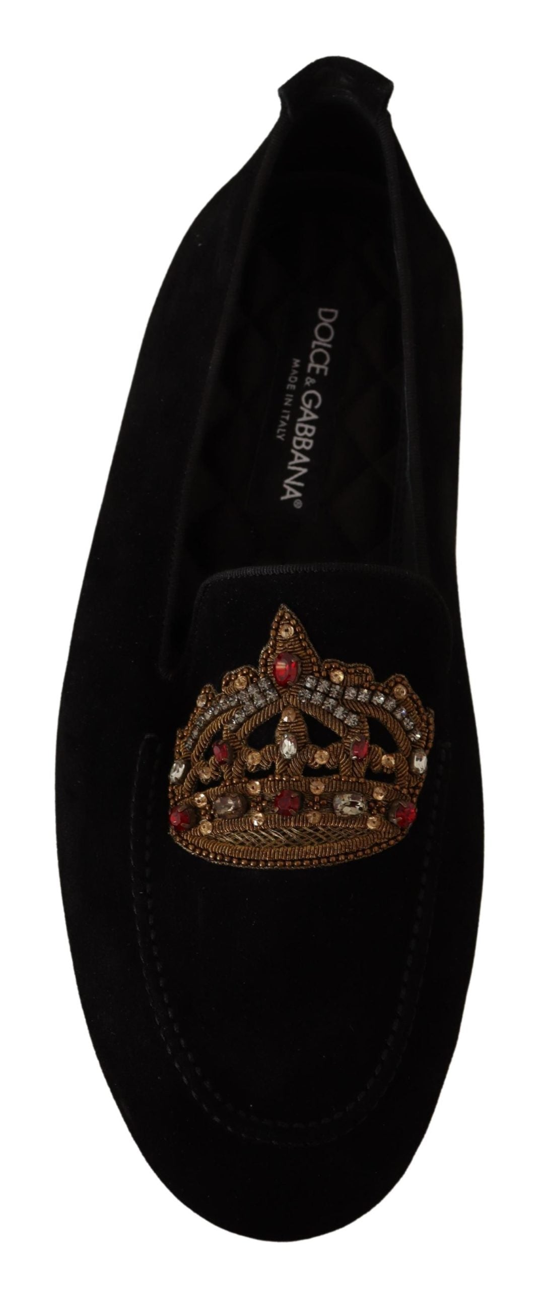 Schwarzes Leder Crystal Gold Crown Loafers Schuhe