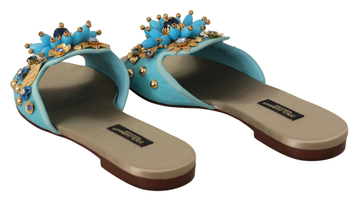 Blau Beige Kristall Sandalen Exotische Leder Schuhe