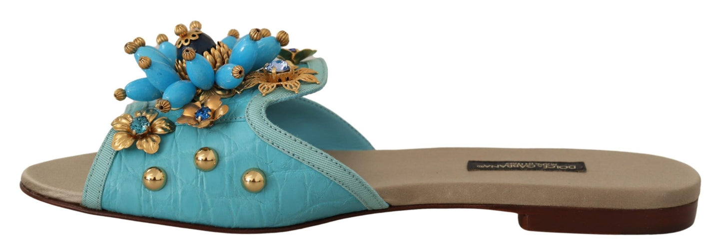 Blau Beige Kristall Sandalen Exotische Leder Schuhe