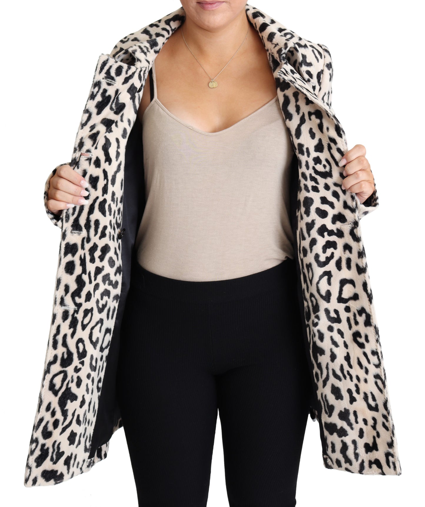 Weißer Schwarzer Kunstpelz Mantel Leopard Print Jacke