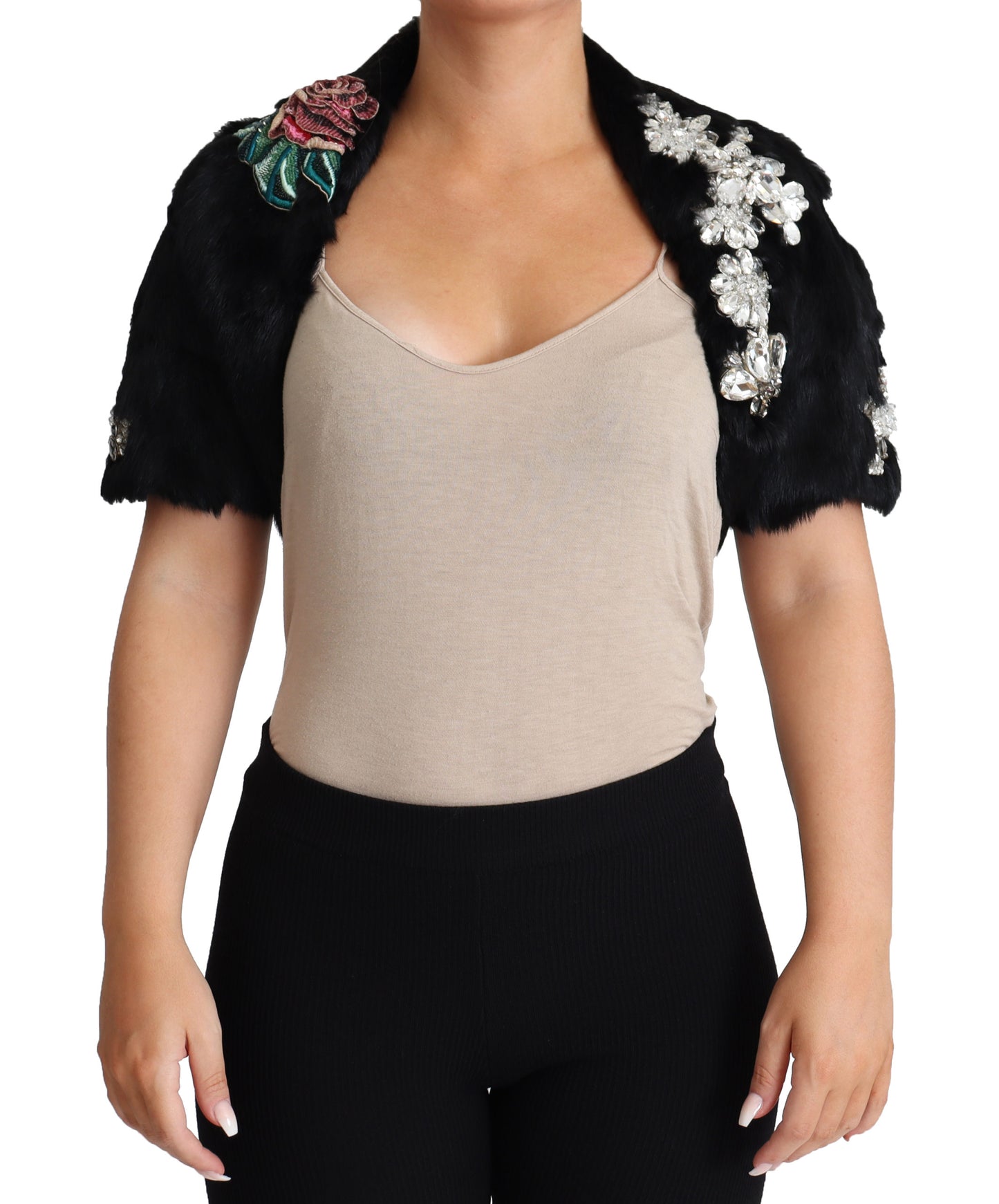 Schwarzer Kaninchenfell-Kristall-Pailletten-Mantel