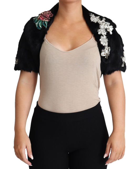 Schwarzer Kaninchenfell-Kristall-Pailletten-Mantel