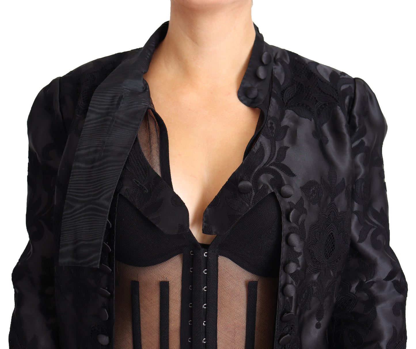 Schwarze Spitze durchsichtiges Korsett Organza Seidenjacke