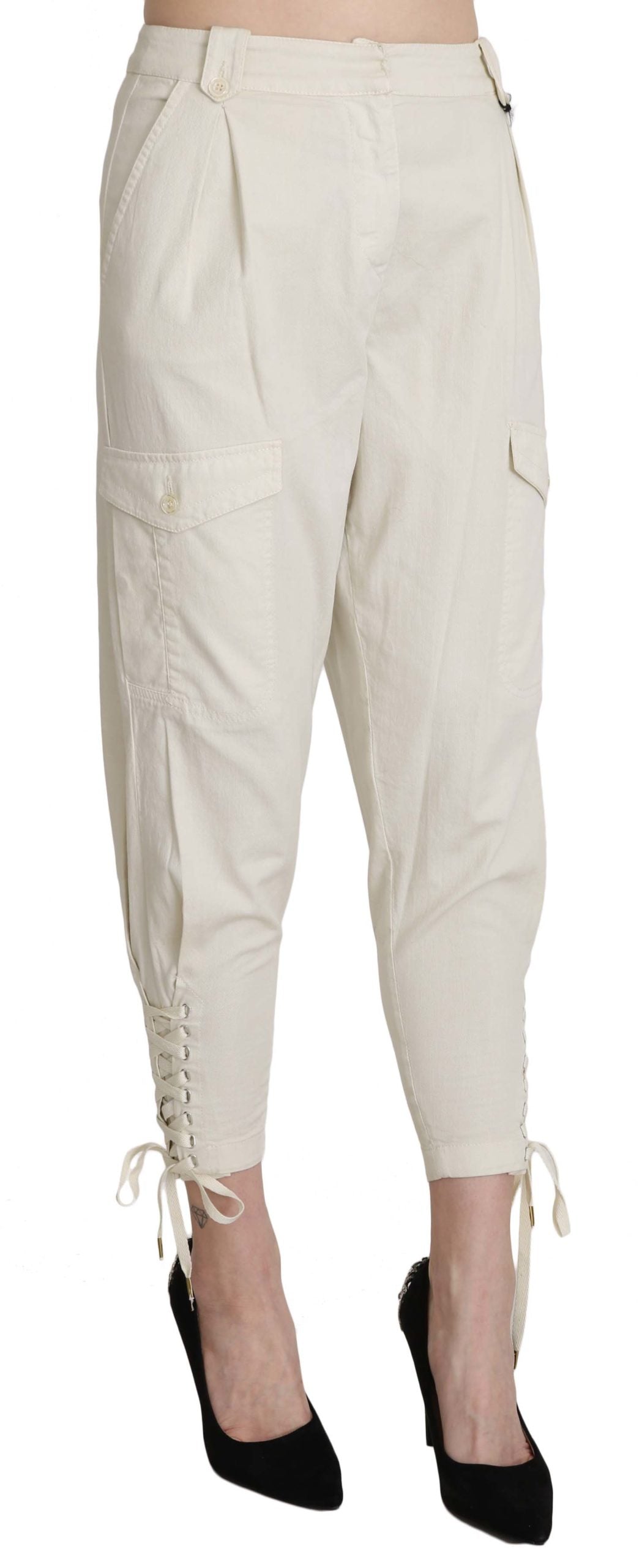 Weiße konisch zulaufende Hose mit hoher Taille Gekürzte Hose