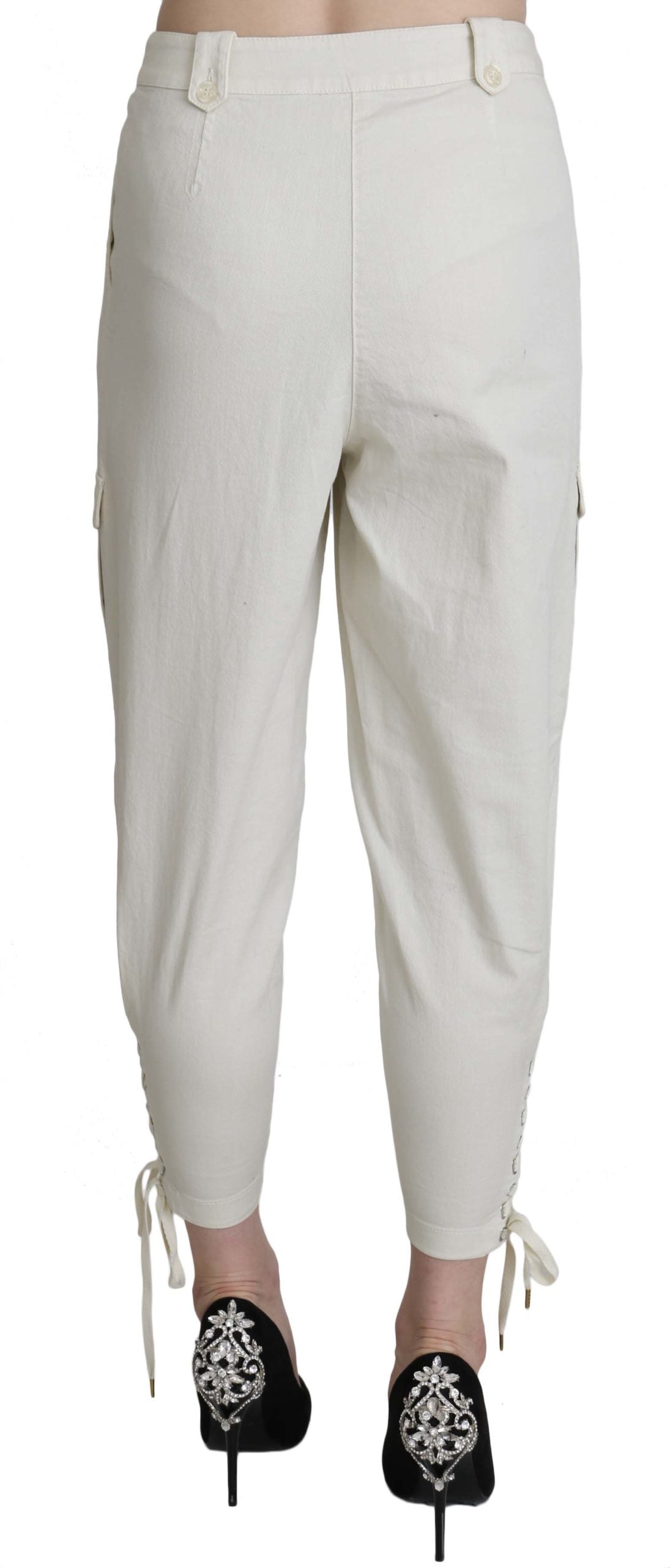 Weiße konisch zulaufende Hose mit hoher Taille Gekürzte Hose