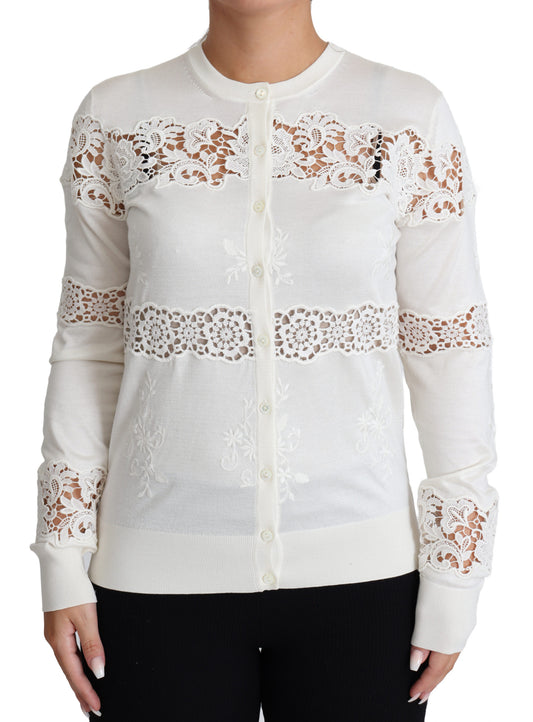 Weißer Spitzen-Strickpullover mit Blumenmuster