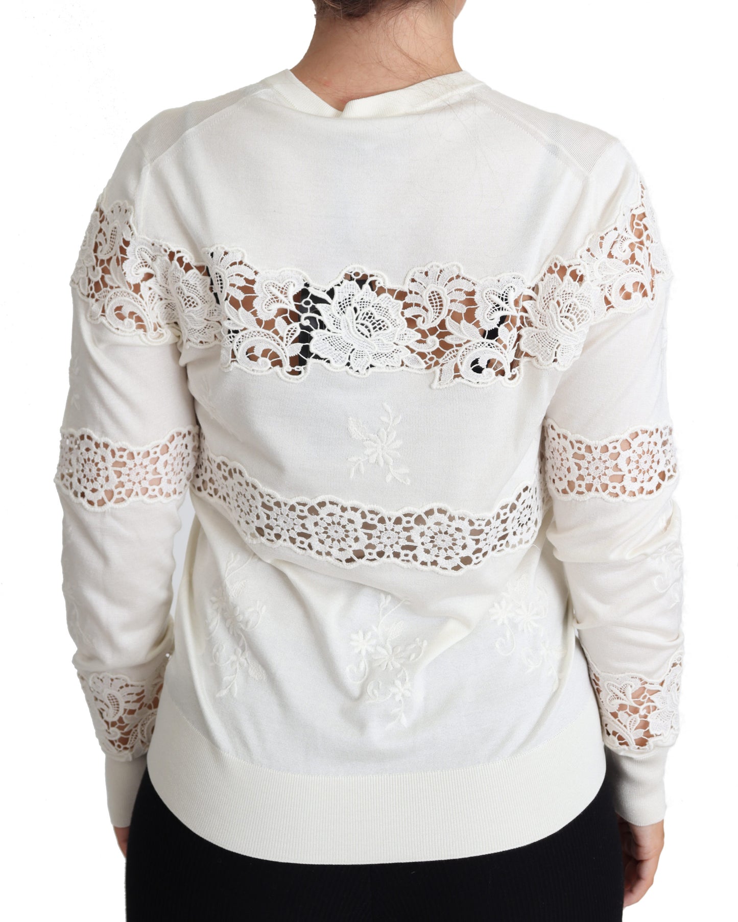 Weißer Spitzen-Strickpullover mit Blumenmuster