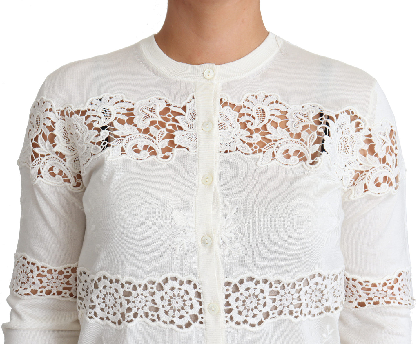Weißer Spitzen-Strickpullover mit Blumenmuster