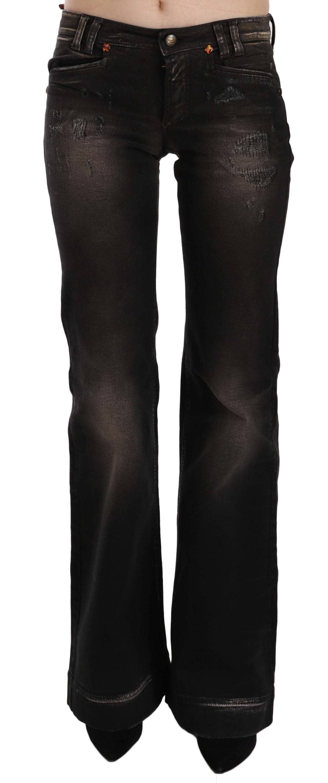 Braun gewaschene, zerrissene Boot Cut Denim Jeans mit niedriger Taille