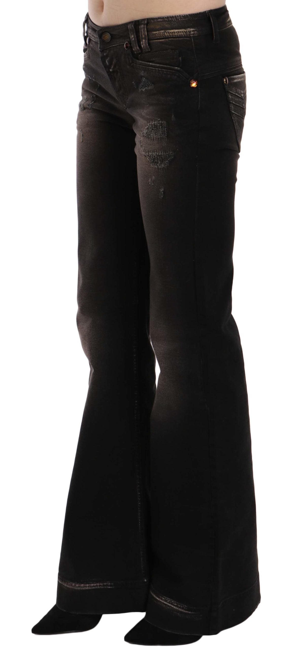 Braun gewaschene, zerrissene Boot Cut Denim Jeans mit niedriger Taille