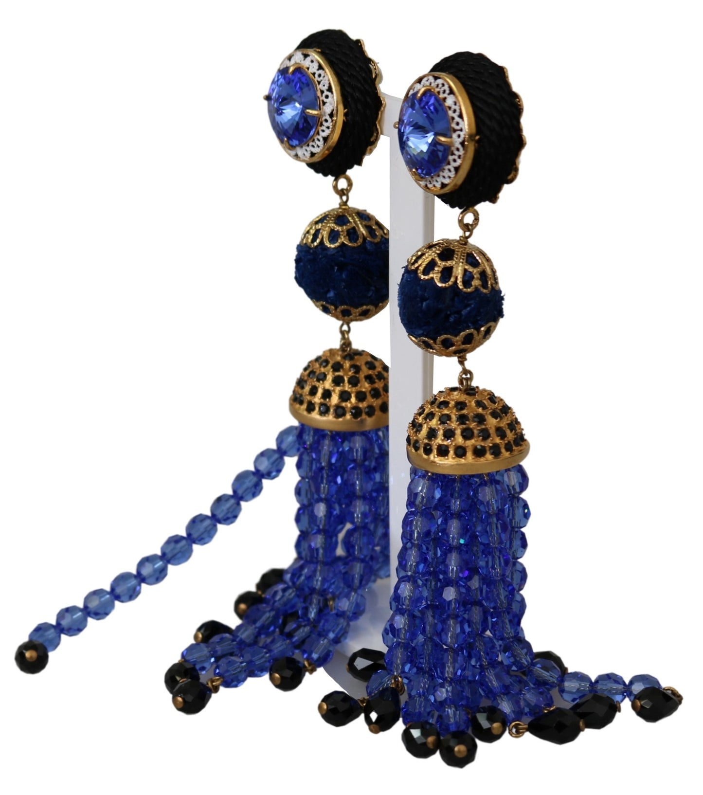 Blaue Kristalle Goldton Tropfen Clip-on Ohrringe baumeln