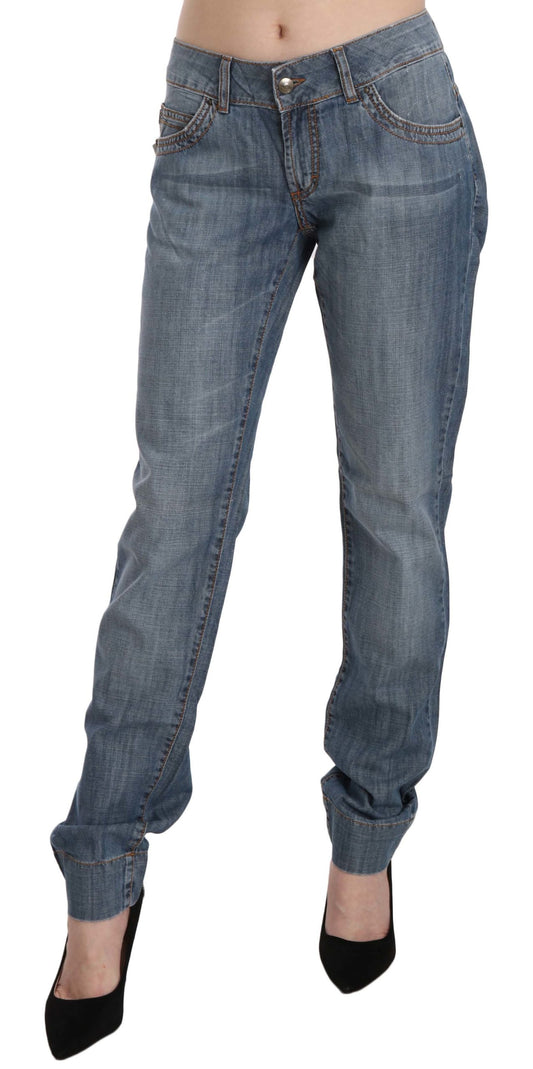 Blaue, gewaschene Baumwolle, niedrige Taille, Slim Fit Denim Hose