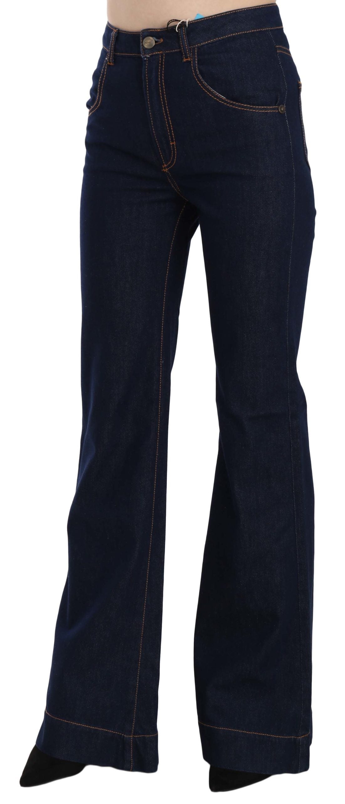 Blaue Boot Cut Denim-Hose aus Baumwolle mit hoher Taille