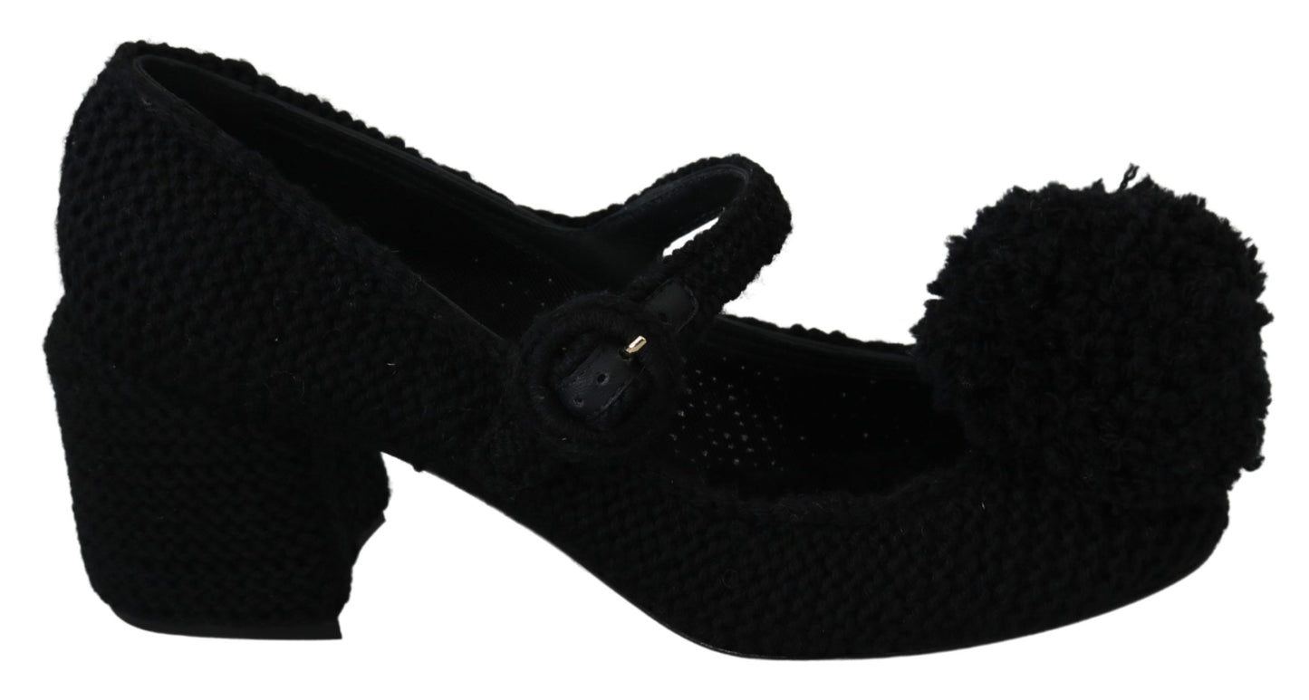 Schwarze Wolle Pom Pom Block Mary Jane Schuhe