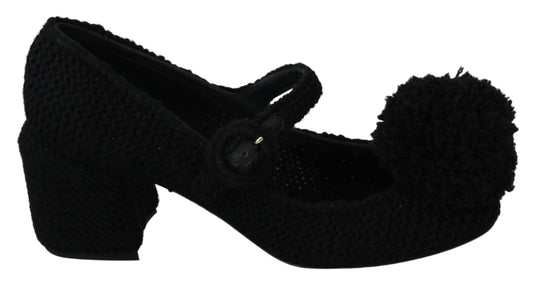Schwarze Wolle Pom Pom Block Mary Jane Schuhe
